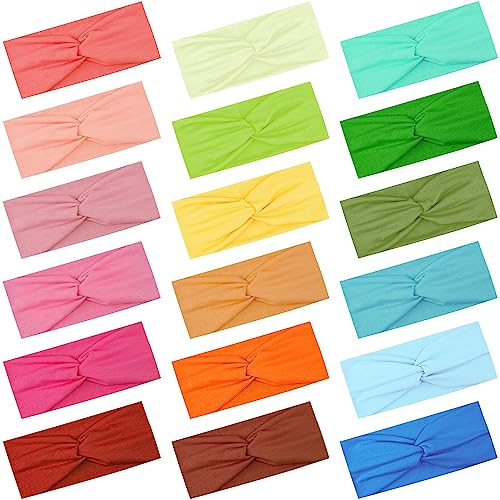 FEQO 18 Stück Stirnbänder Elastische Damen Haarband Breite Verknotet Stirnband Kopfband Turban Elastische Haarschmuck Knoten Stirnbänder für Yoga Sport Fitness, 18 Farben