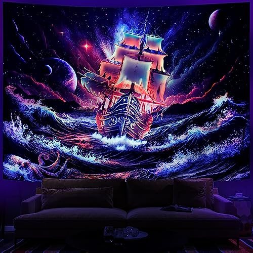 Leofanger Schwarzlicht-Galaxie-Wandteppich, Trippy-Planeten-Wandteppich, UV-reaktiv, neonfarbene Ozeanwellen, Oktopus, tolle Welle, Wandbehang für Heimdekoration (179,8 x 235 cm)