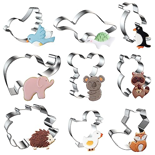 9-teiliges Ausstechformen-Set mit Tiermotiven, Metall, Koala, Waschbär, Elefant, Fuchs, Igel, Schildkröte, Pinguin, Küken, Vogelform, Ausstechformen zum Backen von Bienen, Partyzubehör