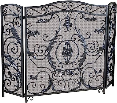BTURYT Kaminschirm Kamin Bildschirm 3-Panel Verziert Schmiedeeisen Black Metal Fire Place Stehen Tor Funkenschutzgitter
