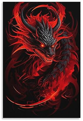 Poster mural sur toile Dragon rouge feu rétro pouvoir antique créature fantaisie décoration murale affiche dortoir décor peinture art