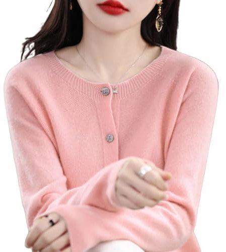 TeysHa Maglione Cardigan in Cashmere da Donna, Maglione Cardigan a Maniche Lunghe Abbottonato Girocollo in Lana (Large,Light Pink)