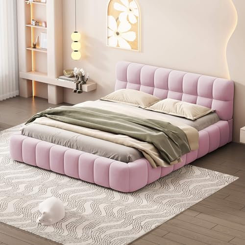 MQGPM Polsterbett 140x190cm, Doppelbett mit weicher Rückenlehne und Lattenrost, Flachbett mit Polsterumrandung für Erwachsene und Jugendliche, Ohne Matratze, Rosa