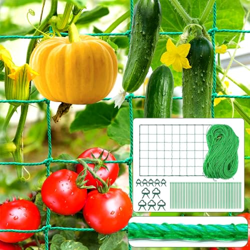 Ranknetz für Kletterpflanzen,2M*5M Ranknetz für Gurken,Rankhilfe Gurkennetz mit 50 Pflanzenbinder und 10 Pflanzenklammern,Gurkennetz für Gewächshaus,Tomaten Rankhilfe Netz,Pflanzennetz