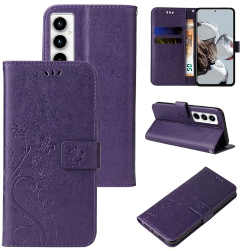 LBH Handy Hülle für Samsung Galaxy A35 5G Case Handytasche Schmetterling Blumen Flower Standfunktion Schutzhülle Magnet Rundum Schutz 360 Grad Flipcase Cover Violett