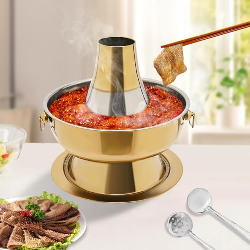 Fricienc Hotpot Chino de carbón vegetal con chimenea, de acero inoxidable vintage, con colador, cuchara de 2,3 L, JJFTLP-000600