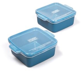 Souper Cubes Stoneware - 5 x 5 Baking Dishes for Oven with Silicone Covers, Premium Mini Ceramic Baking Dishes, Perfect for Reheating Individual Portions in Oven or Microwave, Set of 2 - Blueberry