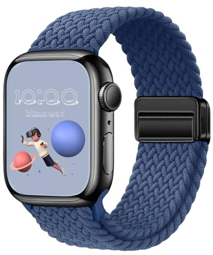 Hinnwer Geflochten Armband für Apple Watch Armband 42mm 38mm 40mm 41mm Damen Herren, Elastisch Nylon Stoff Band mit Magnetisch Verschluss für iWatch SE 3 2 1 Series 11 10 9 8 7 6 5 4 3 2 1 Blau