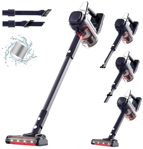 Hihhy Akku Staubsauger, 30000Pa Staubsauger Kabellos, Akkusauger Kabelloser Staubsauger Bis zu 45Mins Laufzeit, Stielstaubsauger mit Wandhalterung & Led-Licht für Haar, Teppich und Hartböden(Schwarz)