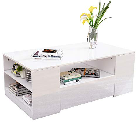 Chebinsiti High Gloss Coffee Table with Storage, Coffee Table with 5 Open Shelves 2 Drawers Sofa Side Table Wooden Centre Table Rectangle Tea Table for Living Room Home Furniture White