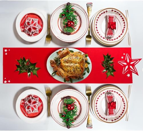 Eleganter roter Filztischläufer mit Sternmotiv – perfekt für den festlichen Weihnachtstisch (30 x 100)