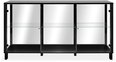 Sideboard >Albi< Modernes Sideboard ?Albi? in Schwarz mit Spiegelrückwand, 160 cm breit, 85 cm hoch und 37,5 cm tief. 3 Glastüren, 3 Glaseinlegeböden, 6 stabile Füße in Schwarz, 3 Metallgriffe.