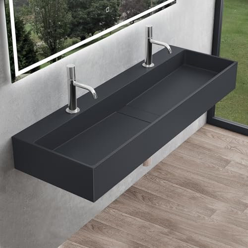 Mai & Mai Lavabo Suspendu Vasque à Poser Gris Noir Mat 120x40x14cm 2 Éviers Lave Mains Salle de Bain avec Cache Bonde Col6028