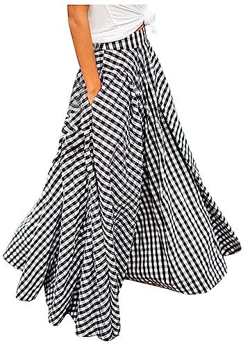 FGVFCS Maxirock für Damen, Übergröße, Vintage, kariert, lange Röcke mit Taschen, bodenlang, großer Saum, Strand, hohe elastische Taille, Party, A-Linie, großer Saum, langer Rock, Ausgehen, Ausgehen,