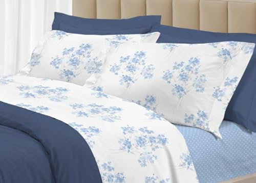 BIANCHERIAWEB Bettwäsche-Set aus 100 % Baumwolle, hergestellt in Italien, 3027, Motiv: Frühling und französisches Bett, hellblau