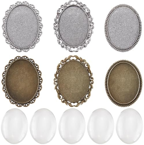 SUNNYCLUE 1 boîte de 6 Broches Cabochons Support de Broche Disque de Broche en Alliage Tibétain Vintage avec 6 cabochons en Verre Transparent Plateaux de Lunette Vierges pour la Fabrication de Bijoux