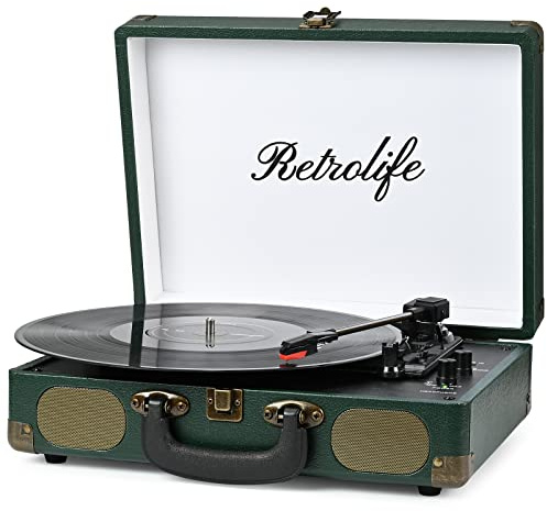 Retrolife Record Player 3-Speed Bluetooth Suitcase Turntable, Forest Green | Belt Driven Vinyl Player, Built-in Speakers, Wireless Input, RCA Line Out, AUX In, Headphone Jack, 33/45/78 RMP, Vintage