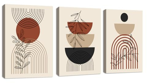 3 Pcs Beige Boho Pflanze Blätter Leinwandbilder Bilder mit Rahmen, Aesthetic Schwarz Geometrische Linien Moderne Wandbilder Schlafzimmer Bild Auf Leinwand Kunstdruck Deko für Wohnzimmer 40x60cmx3 Pcs