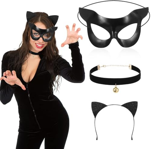 WEITAPYT 3-teiliges Halloween-Katzenmasken-Kostüm für Damen, inklusive Katzengesicht Augenmaske, schwarzem Ohr-Stirnband und Glöckchenhalsband für Cosplay-Kostüme