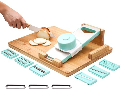 uyoyous One-Handed Bamboo Chopping Board with 3 Julienne Slices, 3 Paring Knives, Bread Stoppers and Spikes, One-Handed Board 42 x 30 cm for Amputees and Disabled People Cutting and Preparing Food