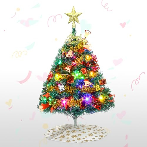 Mini Weihnachtsbaum, 24 /60cm Tischplatte künstlicher Weihnachtsbaum mit Ornamenten & LED-String-Lichter, Kleiner Desktop Weihnachtsbaum mit Baumrock für Zimmer und Büro