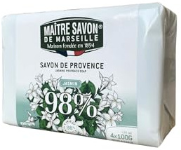 Maître savon de Marseille – Lot de 4 Savons de Provence Extra Doux Jasmin – 4 x 100g – Huiles 100% Végétales – 98% d’Ingrédients d’Origine Naturelle – Hygiène Mains et Corps – Fabriqué à Marseille