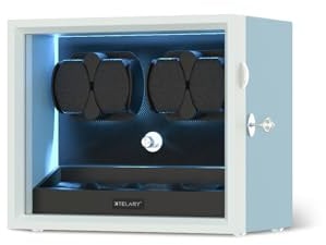 XTELARY Uhrenbeweger für 4 Automatikuhren, Blau Abschließbarer Automatikbeweger mit Extra 4 Uhrenfächern, 4 Rotationsmodi, Flexible Uhrenkissen, Leiser Mabuchi Motor und Blau Hintergrundbeleuchtung
