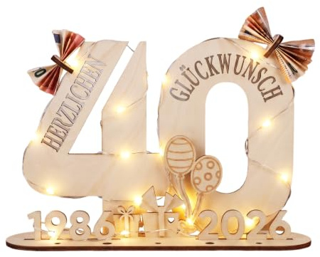 40 Geldgeschenke Geburtstag - Originelle Geschenk 40. Geburtstag Frauen & Männer 1986-2026, Rubinhochzeit, Holz-Schild Gästebuch mit LED Lichterkette - Deko Geburtstag Frau Mann, Hochzeitsgeschenke