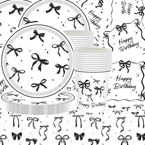 Lot de 61 pièces de vaisselle de fête avec nœud papillon noir et blanc, thème minimaliste, décoration de fête d'anniversaire, table à manger, serviettes en carton, pour 20 invités