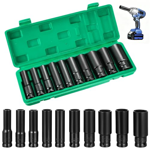 10 Pcs 1/2 Impact Socket Set, Deep Impact Socket Set, 10-24mm 1/2 Drive Sockets Sets with Storage Box, for Driver Adapter, Car Home Repair