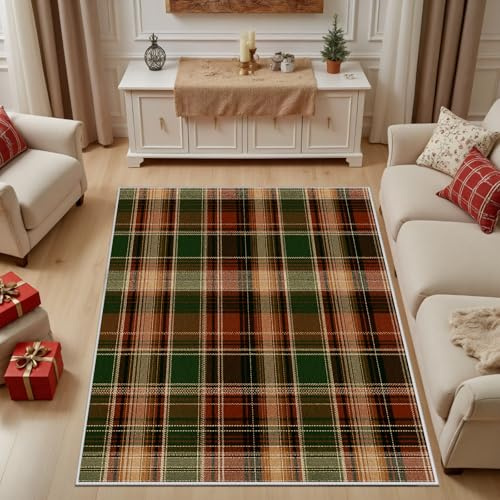 Dpvbffx Schottenkaro Fußmatte 60x90 cm | Scottish Tartan Teppich Klein rutschfest, Retro Landhaus Kariert Teppich Kurzflor, Waschbarer Teppiche Gegend