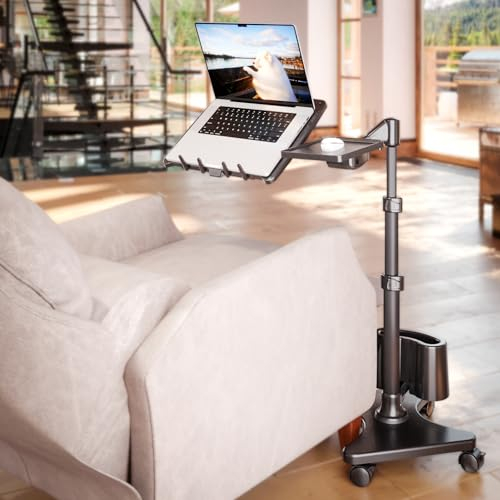 LEVO G2-801 Deluxe Rolling Laptop Stand with Mouse Tray - Stylish Gunmetal and Black Design for Comfortable Mobile Computing - Height Adjustment, 360° Swivel, and Sturdy Construction for Work