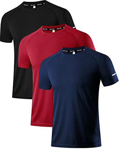 Holure Herren 3er Pack Sports Atmungsaktiv Schnelltrocknend Kurzarm T-Shirts Schwarz/Dunkelblau/Rot S