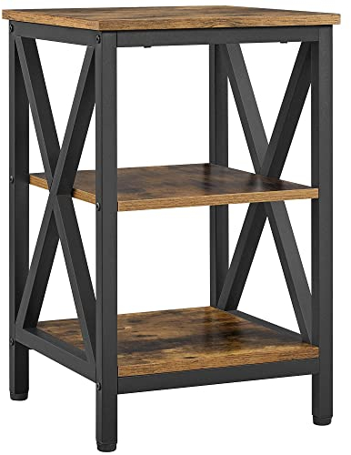 Yaheetech Nachttisch Beistelltisch mit 3 Holzablagen Stabiles X-Form Couchtisch Sofatisch Industrie-Design Nachttisch für Schlafzimmer/Wohnzimmer Vintage, Dunkelbraun