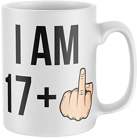 Purple Print House I Am 17 + 1 18th Bday - Tazza con dita medie, divertente compleanno maleducato, idea regalo per lui, colore: bianco, taglia unica