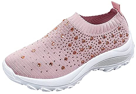 Woaikeyu Compensé Strass Baskets Femme sans Lacets Chaussures de Course Casual Chaussures de Sport Plateforme Respirant Tendances Sneakers Rose 39