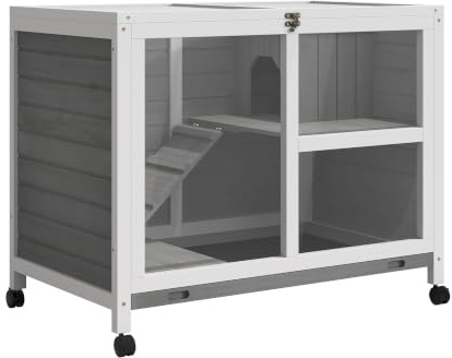 PawHut Rabbit Hutch Indoor with Wheels 2 Layers 91.5 x 53.3 x 73 cm Grey | Wooden Guinea Pig House, Hamster Cage, Bunny Cage, Openable Roof, Transparent Panel