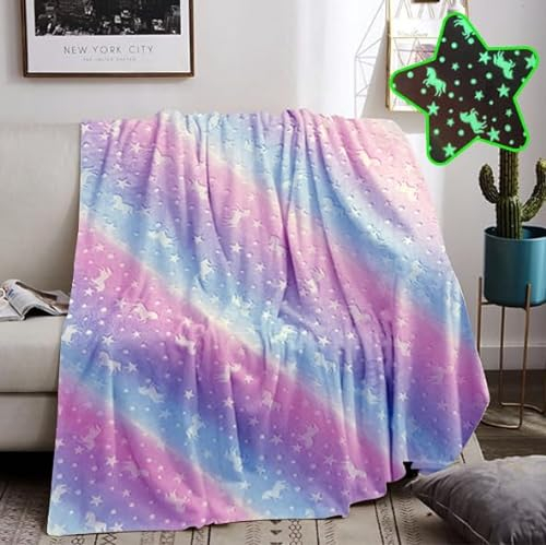 HZVRTN Kuscheldecke Kinder Einhorn/Dinosaurier/Weltraum Decke, kuscheldecke leuchtet im Dunkeln, warme Decke Flauschige Geschenke für Jungs mädchen Sofa Kinderdecke (Einhorn A, 150x200cm)