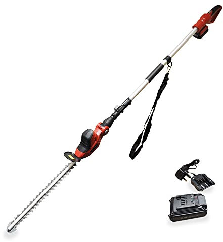 Long Reach Cordless Hedge Trimmer RocwooD Telescopic Pole Cutter Battery Charger Extendable Lightweight Adjustable Head 51cm Cutting Length Shoulder Strap