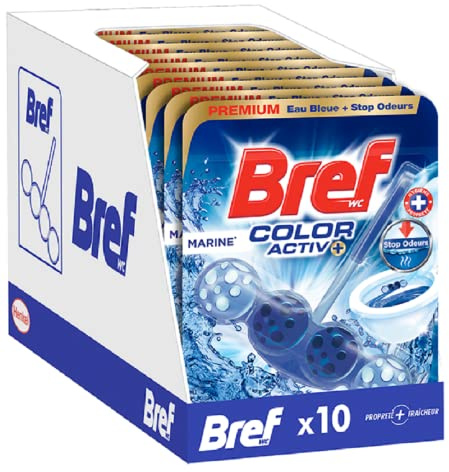 Bref WC Color Activ+ Marine – Produit Nettoyant WC – Eau Bleue+Stop Odeurs - 4 éléments actifs - Action nettoyante - Formule anti-calcaire - Anti-saleté - Extra fraicheur -Lot de 10 Blocs WC (10x50g)