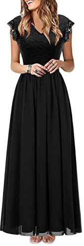 Onsoyours Robe de Cocktail Femme Longue Robes Soirée en Dentelle Mousseline de Soie Robes Chic Elégant sans Manches Sexy Robe Asymétrique C Noir XXL