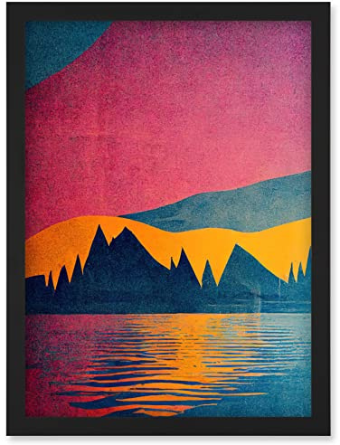 Wee Blue Coo Sunset at Lakeside Modern Colourful Pop Art Design Artwork Framed Wall Art Print A4