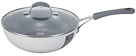 Fatto in Casa da Benedetta Wok Antiaderente (diametro 28 cm) in Alluminio 100% riciclabile con Coperchio in Vetro – Adatta anche per Induzione, Non contiene Metalli pesanti (Colore Grigio)