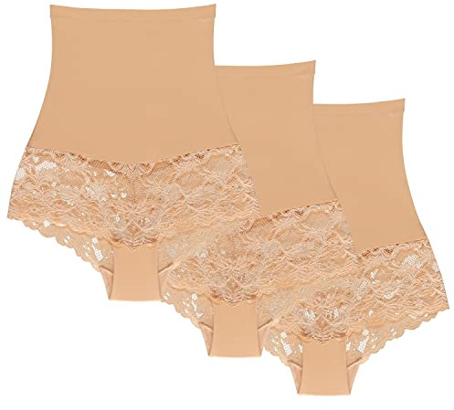 Wolbar Miederslip Damen Slips 3Er Pack Panties Höschen Hohe Taille Hipster Slip Figurformende Bauchkontrolle Shapewear Seamless Nahtlose, Beige,S