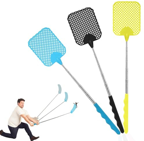 Plstod Fliegenklatsche Ausziehbar 3 Stück, Teleskop Fliegenklatsche Stabil, Fly Swatter für Verwendet, Um Fliegen, Wespen, Mücken Und Andere Insekten Abzuwehren (Schwarz, Blau,Gelb)