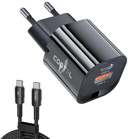 COQTEL® Mini Chargeur Rapide 33W avec Câble 60W de 1m, Chargeur GAN à Double Port USB-A et USB-C pour Mobiles Samsung, iPhone, Huawei, Laptops, Tablettes et Consoles, Couleur Noir