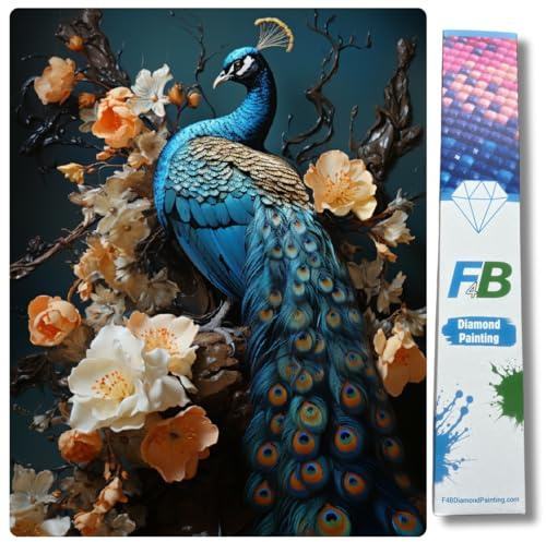 F4B Pfau mit Blumen Diamond Painting 40x50cm | Quadratische Strasssteine | Tiere | Vogel | Diamond Painting Paket Erwachsene | Kinder | Volldeckend