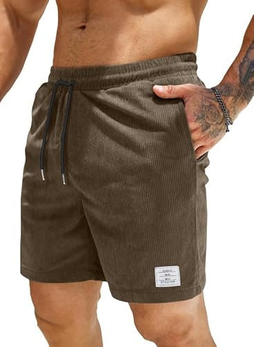 JMIERR Herren Corduroy Short 2024 Sommer Leinen Stretch Baumwolle Kurze Hose mit Taschen Braun 2XL