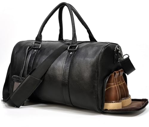 Reisetaschen Herren echt Leder klein Weekender Tasche 45cm Kapazität Reisetasche Unisex Vintage Handgepäck Bag Overnight Weekend Bag,schwarz