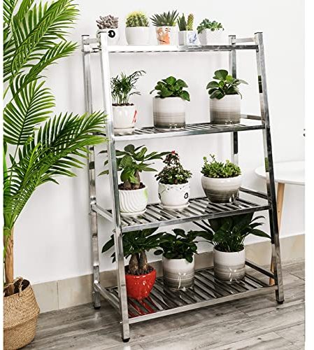 Pflanzenständer für den Außenbereich, Edelstahl, 4 Etagen, Blumentopf-Ausstellungsregal für Garten, Gewächshaus, Terrasse, Balkon, Außenlagerregal, Organizer, Pflanzgefäßhalter (Größe: 60 x